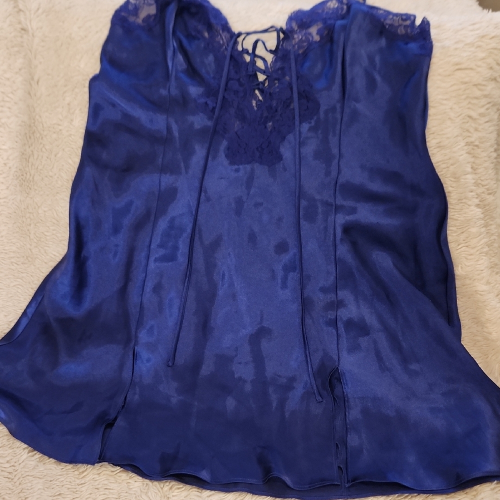 Satin Lace-Up Chemise in Deep Blue